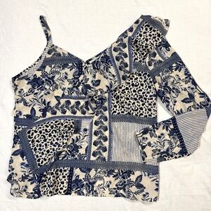 Tacera Blue & Cream One Sleeve Blouse Top Shirt Size XL Ruffles‎